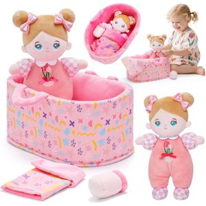 OUOZZZ 10" Soft Baby Doll Set with Plush Doll, Bassinet, Blanket and Bottle, Baby Doll Accessories Pretend Playset Emotional Social Toys Gifts for 2 Year Olds Girls Valentine Birthday Gift