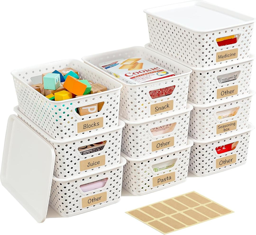 10 Pack Small Plastic Storage Bins with Lids, Stackable Plastic Storage Baskets for Organizing with Handles, Organizer Bins with Labels for Room, Craft, Containers for Pantry Organizers and Storage (Cream White)