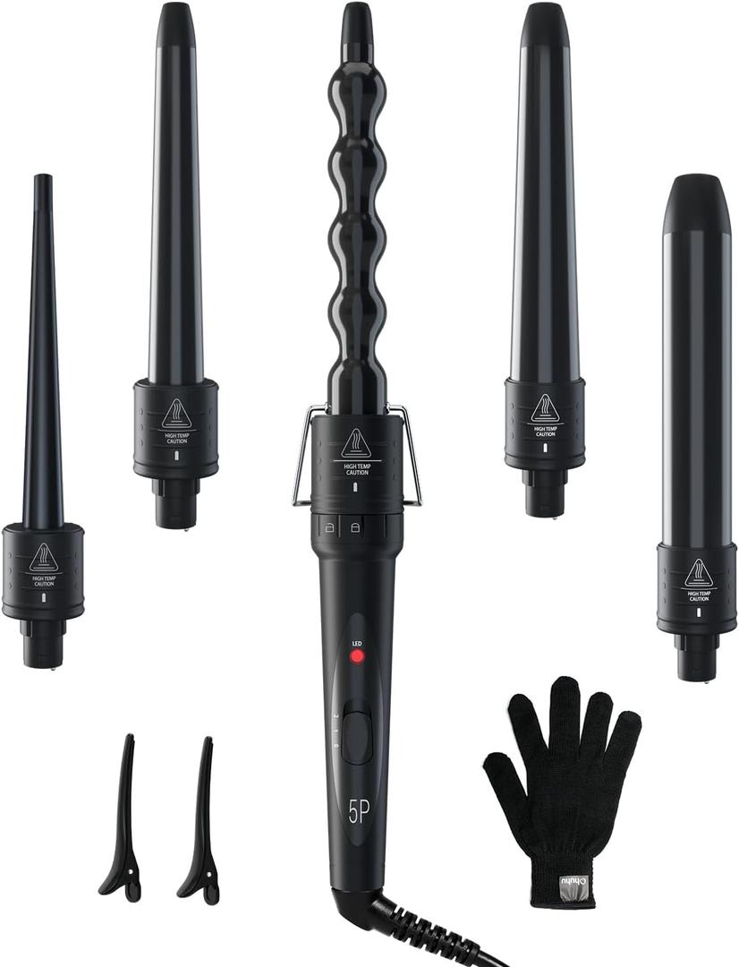 5 in 1 Curling Wand Set: Ohuhu Curling Iron Wand 5Pcs 0.35 to 1.25 Inch Interchangeable Ceramic Barrel Heat Protective Glove 2 Clips Dual Voltage Hair Curler for Girl Women Mother's Day Gift Black