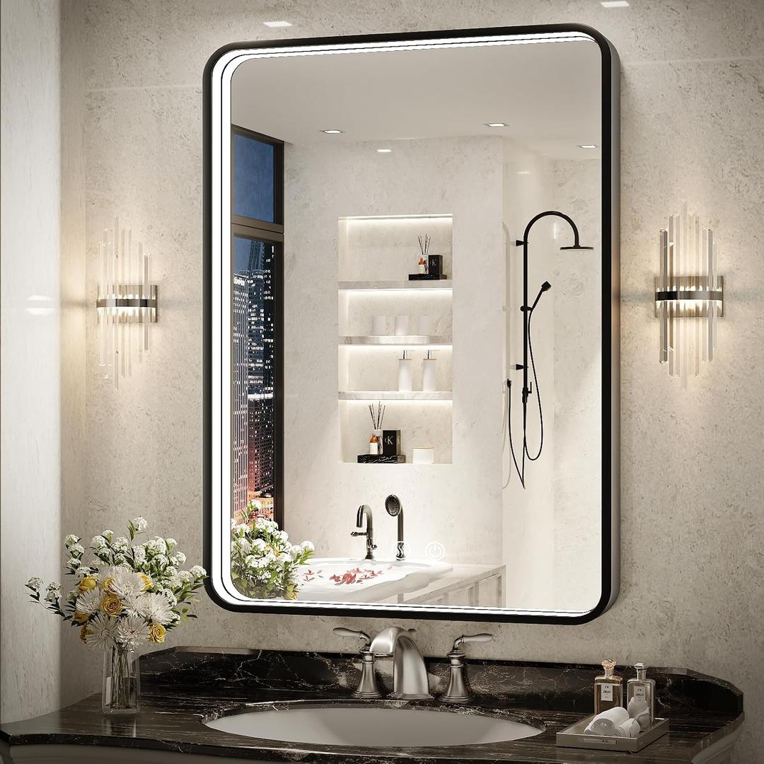 36x24 Inch LED Bathroom Mirror with Lights, Black Metal Frame 3-Color Wall Mounted Lighted Vanity Mirrors for Wall,Anti-Fog 3000K/4500K/6000K Dimmable Led Mirror,ETL Listed LED Driver