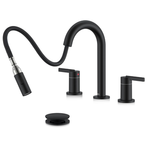 KENES Matte Black Pull Down Bathroom Faucet, 8 Inch 2 Handle Widespread Bathroom Faucet 3 Hole with Pull Out Sprayer, Bathroom Sink Faucet with Pop Up Drain & Supply Lines LJ-9068-2