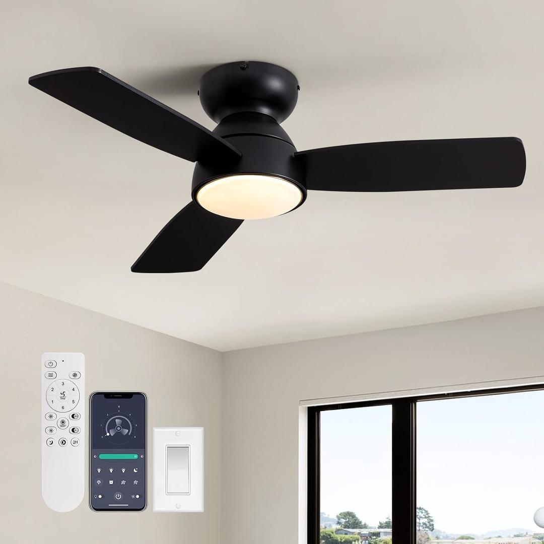 32" Ceiling Fan with Light and Remote, Small Quiet Low Profile Fandelier, Flush Mount Fan Lights with Memory Function, 3CCT, Dimmable, Reversible 6-Speeds, Timable Ceiling Fixtures-Black