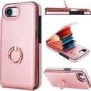 Folosu Compatible with iPhone 17e 16e Case Wallet with Card Holder, 360Rotation Finger Ring Holder Kickstand, RFID Blocking Leather Protective Double Buttons Shockproof Cover 6.1 Inch Rose Gold