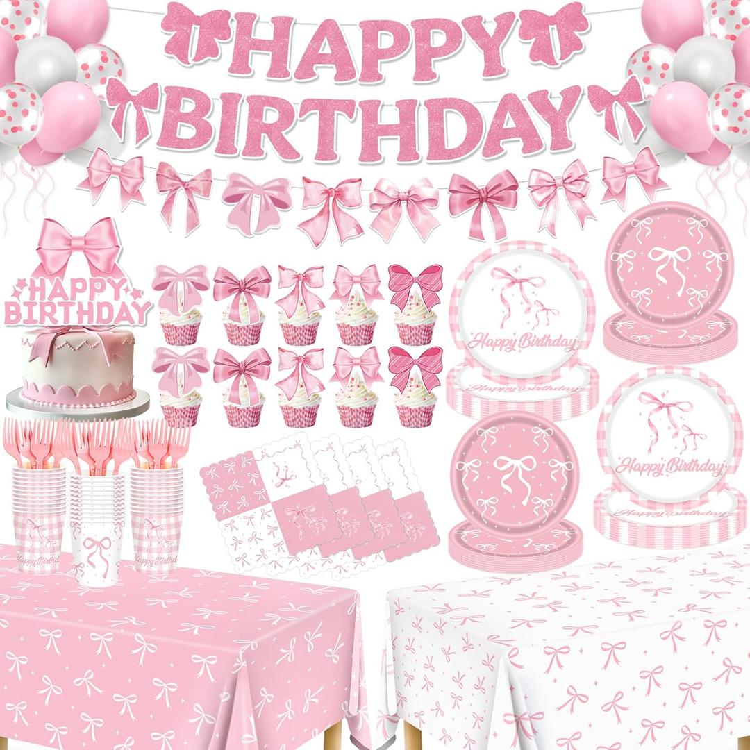 Pink Bow Party Decorations, 153Pcs Bow Birthday Party Supplies-Serves 24 with Plates and Napkins Tablecloth and Banner Balloons for Pink Girls Birthday Decorations