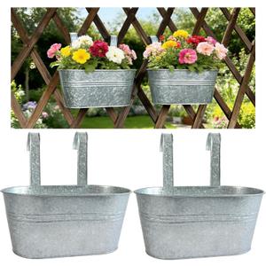 Balcony Galvanized Hanging Planters Railing Flower Pots, Outdoor Metal Fence Planter Pot with Detachable Hooks Drain Hole for Garden Patio Yard Decor (10 Inch, 2Pcs)