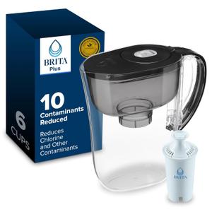 Brita Metro Small 6-Cup Water Filter Pitcher with BritaPlus Filter, WQA NSF/ANSI Certified, Reduces 2X Contaminants vs. Standard, Reduces Chlorine, Zinc, Copper, Mercury & More, Black