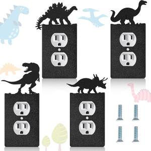 Peryiter 4 Pcs Dinosaur Light Switch Cover Wall Plate Triceratops Stegosaurus Tyrannosaurus Dinosaur Outlet Dino Single Toggle Light Switch Plates Cover for Home Kitchen(Black)