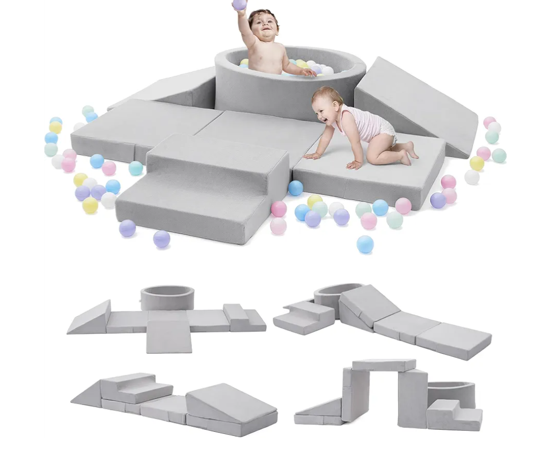 Foam Climbing Blocks with Ball Pit & Stairs for Toddlers Aged 1-3 -Soft Playset for Indoor Crawling, Foam Playground Set for Baby to Active Playing Inside -(Balls NOT Included),Grey Grey-5 Pieces