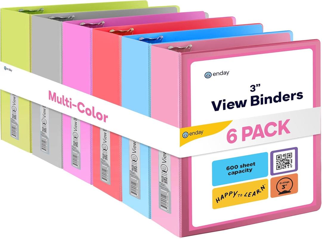 3 Slant D-Ring Binder 3 Inch, 3 in Clear View Cover with 2 Inside Pockets Binder, Heavy Duty Colored School Supplies Binders in Red, Green, Grey, Purple, Blue, Pink, Multicolor (6 PC)  by Enday