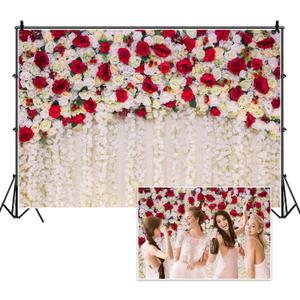 8x6ft White Red Flowers Wall Backdrops Wedding Floral Background Spring Blooming Roses Photography Banner for Bridal Shower Mothers Day Birthday Womens Day Valentines Day Baby Shower Decor