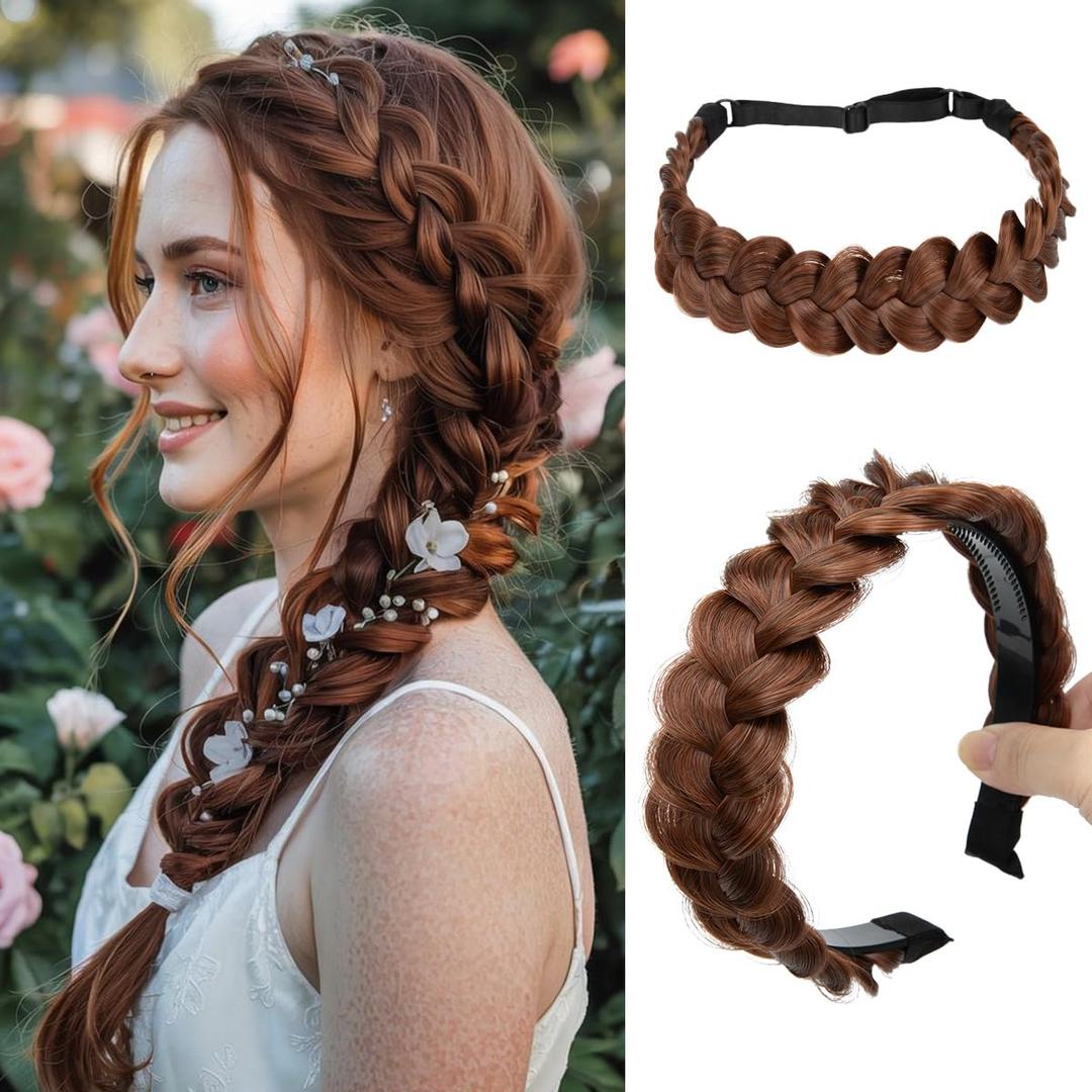 CJL HAIR 2PCs Braided Headbands Hair Piece for Women Synthetic Hair Hoops Head Bands Handmade Braid Hairband Accessories Elastic Stretch Headwrap Red Vino