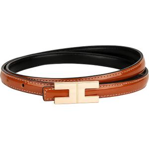 Women Skinny Leather Belt for Jeans Pants Dresses Ladies Thin Patent Leather Belt with Gold Buckle (Brown)