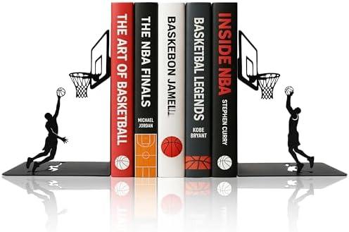 LumDecor Basketball Bookends Decorative Metal Book Ends for Shelves, Matte Black Iron Basketball Player & Hoop Design, Unique Book Holders and Stoppers for Office Decor