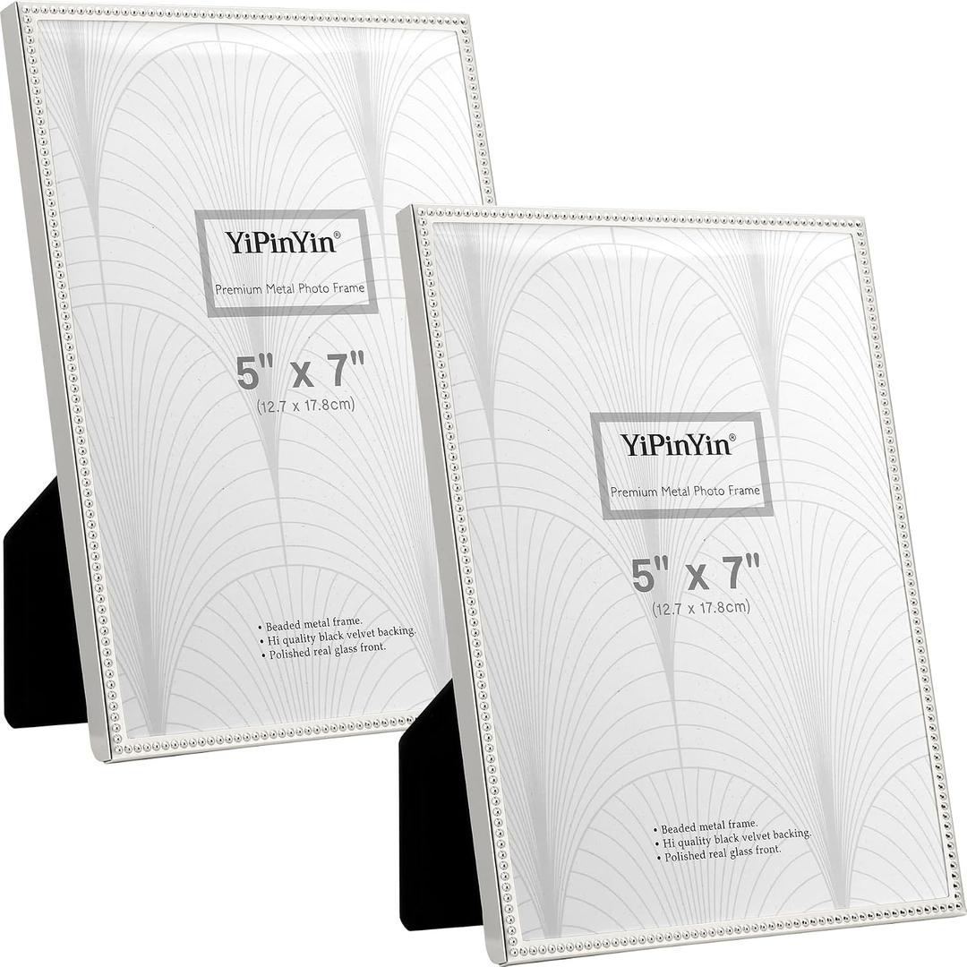 YiPinYin 5x7'' Silver Metal Picture Frames Set of 2,Elegant Beaded Wedding Photo Frames with Real Glass & Velvet Backing for Home Decor,Tabletop or Wall Mount