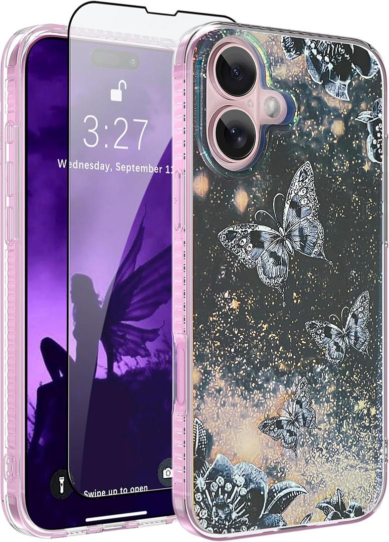 OOK Magnetic for iPhone 16 Case [Compatible with MagSafe] Black Butterfly Nebula Space Design Hard PC + Clear Bumper Anti-Slip Ultra Thin Cover Case, Black Butterfly (6.1")