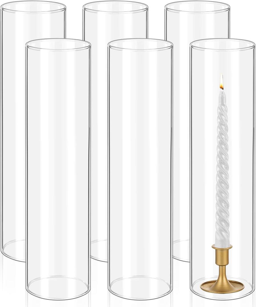 6 Pcs Hurricane Candle Holder Sleeve, H:14" D:4" Bottomless Glass Cylinder Candleholder Tall Clear Glass Cylinder Open Both Ends, Chimney Tube Cover, Open Ended Candle Shade