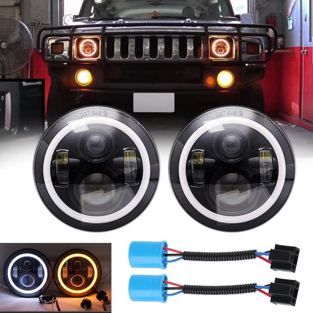 Compatible With Hummer H1 H2 AM GENERAL Pair 7Inch Headlight Lights Halo Angel Eye White DRL & Amber Turn Light With 9007 Male to H4 Female Adapter