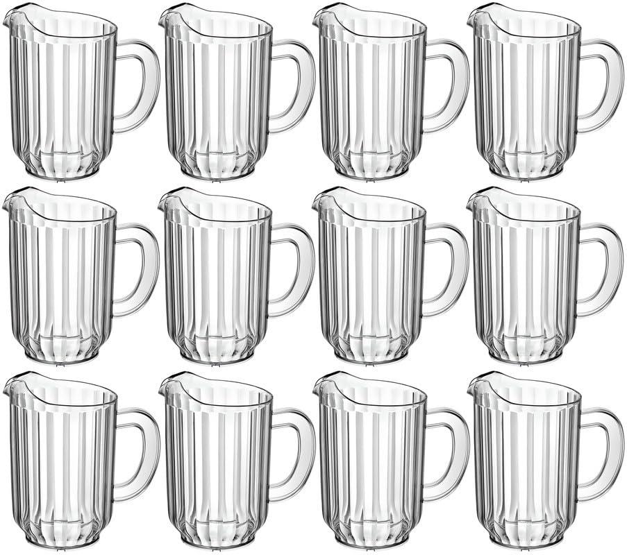OCS Parts Pro Series 12-Pack 60-Ounce Plastic Pitchers | Clear, Heavy Duty Pitchers with Enhanced Grip and Pour Spout | Classic Restaurant Carafe Pitcher for Water, Juice, Beer, and Iced Tea