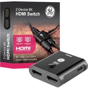 GE 2-Device 8K HDMI Switch, HDMI 2.1, Supports 8K@60Hz & 4K@120Hz, Dolby Atmos, HDCP 2.2, LED Indicator, USB-C Powered, Premium Aluminum Housing, 81660