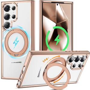 Compatible with Clear Samsung Galaxy S24 Ultra Case with 360 Invisible Magnetic Ring Stand [Compatible with Mag-Safe] Shockproof Plating Phone Case for S24 Ultra 6.8'',Desert Gold