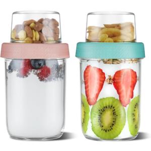 4oz 16 oz Glass Overnight Oats Containers with Lids 2Pack, Yogurt Parfait Cups with Dry and Wet Separation, Breakfast Prep Bowl for Cereal Nut Fruit Meal, To Take Along Oatmeal Salad Smoothie Snack (PINK*1/GREEN*1)