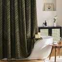 Boho Extra Long Olive Green Shower Curtain with Tassel, Woven Fabric, Tufted Chevron Striped, 72 x 78, Modern Chic Textured Minimalist