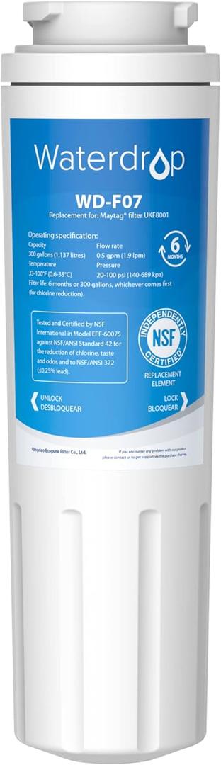 Waterdrop UKF8001 Refrigerator Water Filter 4, Replacement for Whirlpool EDR4RXD1, EveryDrop Filter 4, Maytag UKF8001AXX-750, UKF8001AXX-200, 46-9006, Puriclean II, WF-UKF8001, WD-F07
