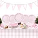 LemonRoad 102 Pcs Gingham Party Supplies Set Pink Checkered Disposable Paper Plates, Napkins, Forks, Tablecloth Banner for Xmas Picnic Pizza BBQ Dinner Birthday Wedding Party Decorations Serve 25