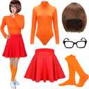 Hercicy Adult Orange Costume, Bob Wig Turtleneck Bodysuit Skater Skirt Glasses Socks Set for Women Cosplay (Large)