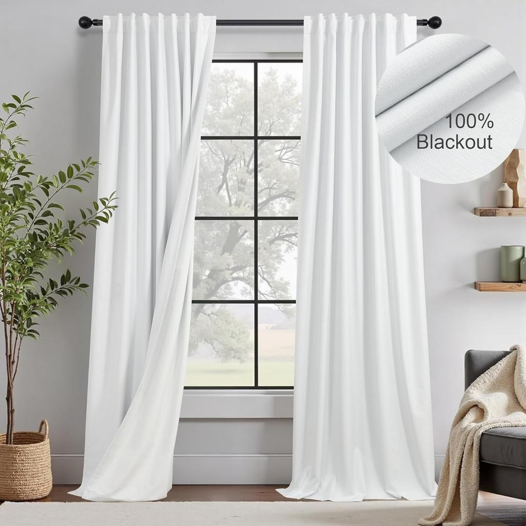 100% Blackout White Elegant Curtains 94 Inch Long 2 Panel for Living Room/Sunroom Thermal Insulated Darkening Curtains for Bedroom Windows Noise Cancelling Soundproof Farmhouse Drapes Office Back Tab