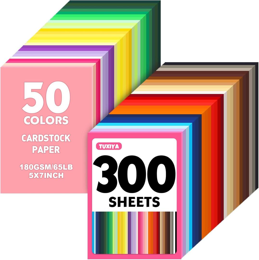 TUXIYA 300 Sheets 5" X 7" Colored Cardstock, 50 Assorted Colors Construction Paper Card Stock Printer Paper for Printing, Card Making, DIY Crafts,School Supplies,Party Decorations (180GSM/65LB)