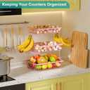 3 Tier Fruit Basket for Kitchen Counter with 2 Banana Hangers, Countertop Metal Fruit Bowl with Wooden Handle, Large Storage Stand for Vegetables, Snacks, Breads, Produce Storage – Pink