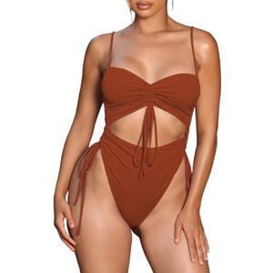 Viottiset Women's Cut Out Drawstring One Piece Swimsuit Cheeky High Cut Bathing Suit (X-Large, Burnt Orange)
