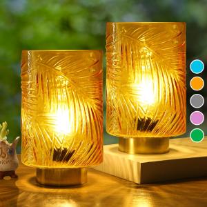 Set 2, Battery Operated Table Lamp with Timer for Home Decor, Vintage Cordless LED Glass Leaves Lamps for Living Room Bedroom Bedside Entryway, Wireless Accent Night Light for Desk Nightstand Shelf (2 Pack, Amber)