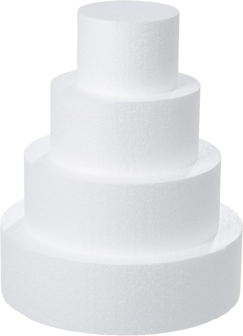 Crafare 4 Tiers Round Foam Cake Dummies Set 4" 6" 8" 10" White Fake Cake Dummy 12 Inch Tall for Christmas Wedding Supplies Baby Shower Birthday Decorating Display