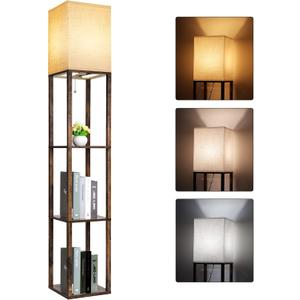 RUNTOP Floor Lamp with Shelves, Modern Shelf Lamp for Display Storage, 3 Color Temperature Wood Narrow Standing Corner Lamp with 8W Bulb for Living Room Decor, Bedroom, Office, Home Decor(Brown)