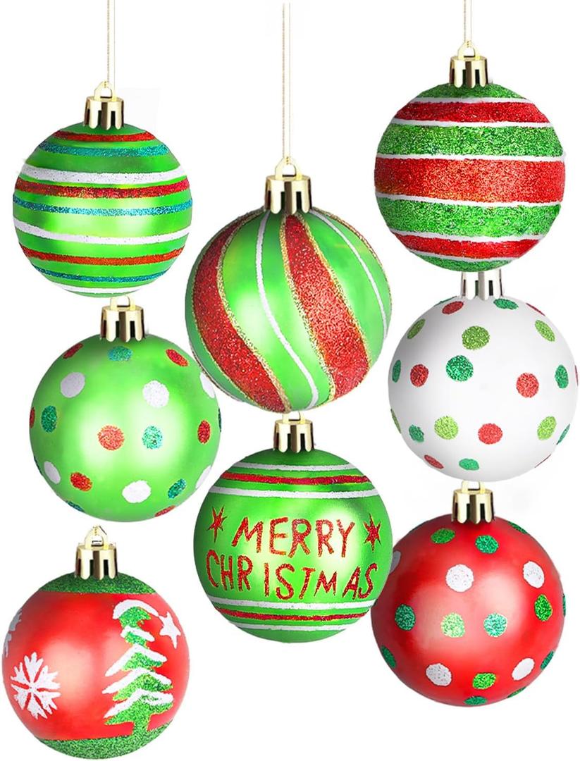 16Pcs 2.56 inch Christmas Ball Ornaments Set, Red Green Christmas Ball Ornaments for Christmas Tree Hanging Assorted Ornaments Bulk for Xmas Holiday Party Decor