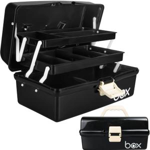 12in Three-Layer Multipurpose Storage Box Organizer Folding Tool Box/Art & Crafts Case/Sewing Supplies Organizer/Medicine Box/Family First Aid Box with 2 Trays (Black)