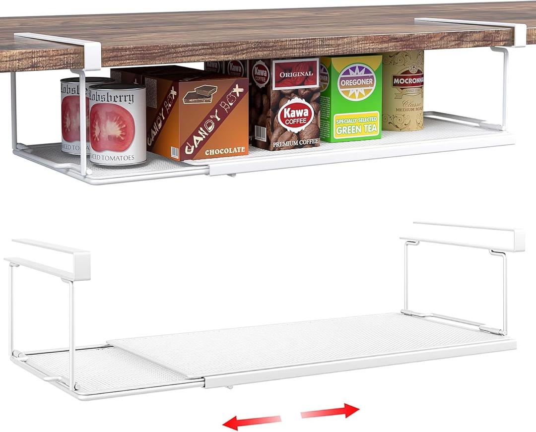 Expandable Under Cabinet Shelf, Extendable Under Shelf Storage with 0.94 Inches Thick Clips for Pantry Cabinet, Laundry Room, Shoe Rack. (White, 2 Pack, Interior: 3.66" H x 8.26" D)