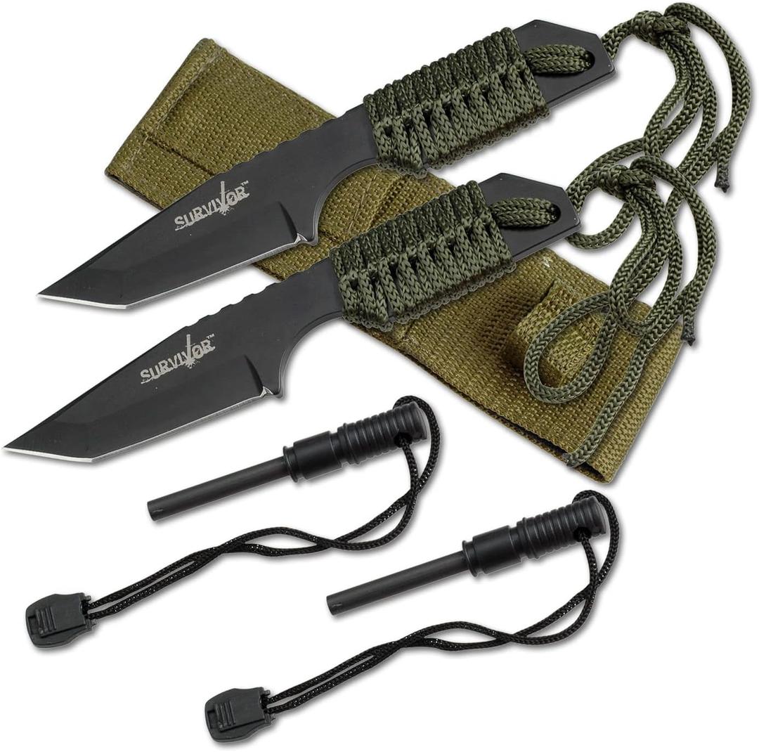 SURVIVOR Fixed Blade Outdoor Knife, Black Tanto Blade, Cord-Wrapped Handle, 7-Inch Overall (2Pack)