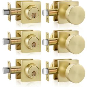 Goldenwarm 3 Pack Brushed Gold Door Knob with Deadbolt, Contemporary Gold Door Knobs Exterior with Deadbolt Zinc-Alloy Heavy Duty Brass Front Door Knob Set