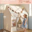 Little Dove Kids Play Tent with Mat, Kids Playhouse with 2 Windows, Star Lights & Tassel Garland, Indoor Outdoor Reading Nook, Machine Washable Cover, Gifts for Girls & Boys, 42" 27" 38", Beige
