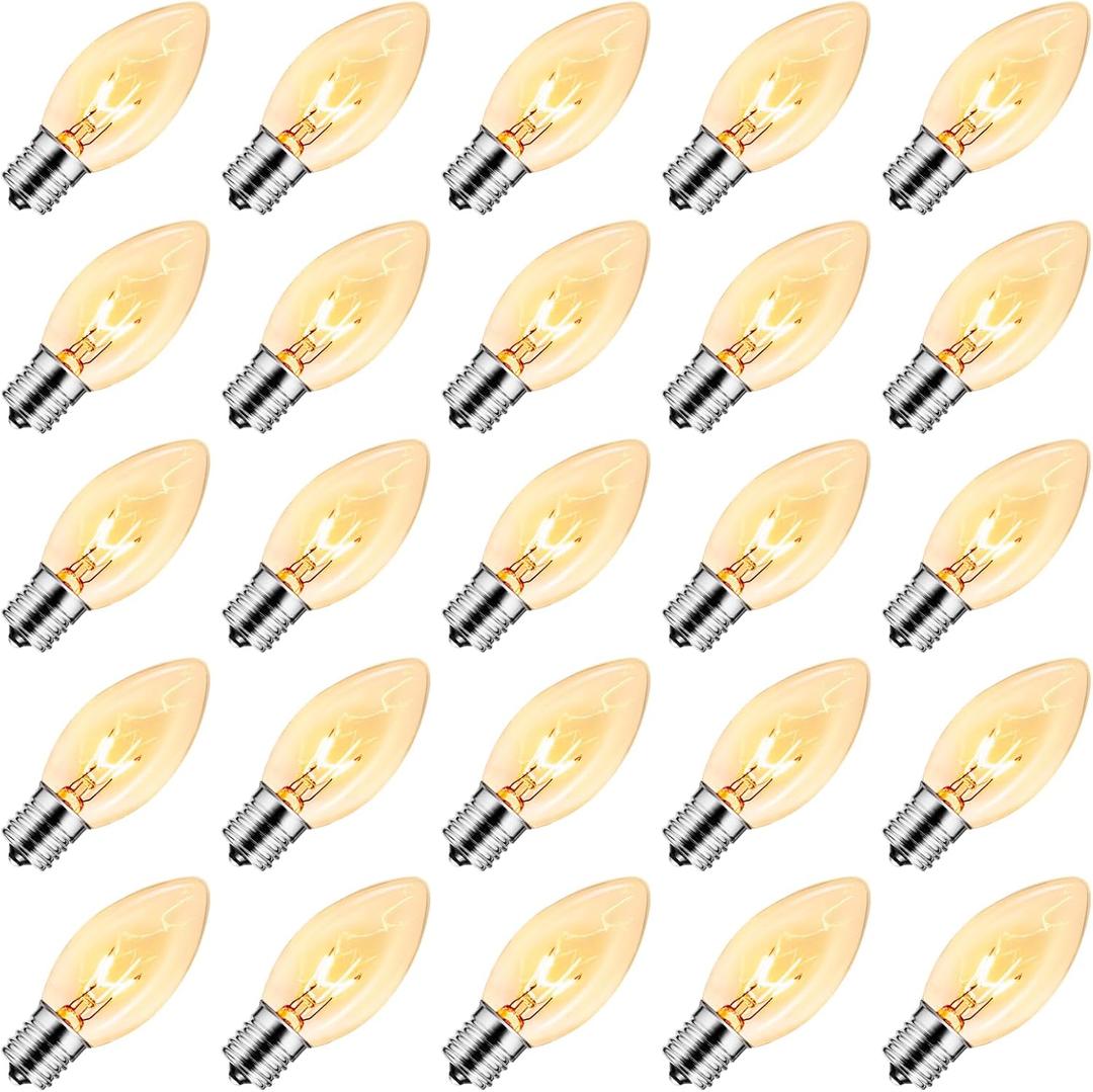 Brightown 25 Pack C9 Bulbs Incandescent Light Bulbs, Christmas C9 Replacement Bulbs for Christmas String Light, E17 Intermediate Base, 7 Watt, Clear