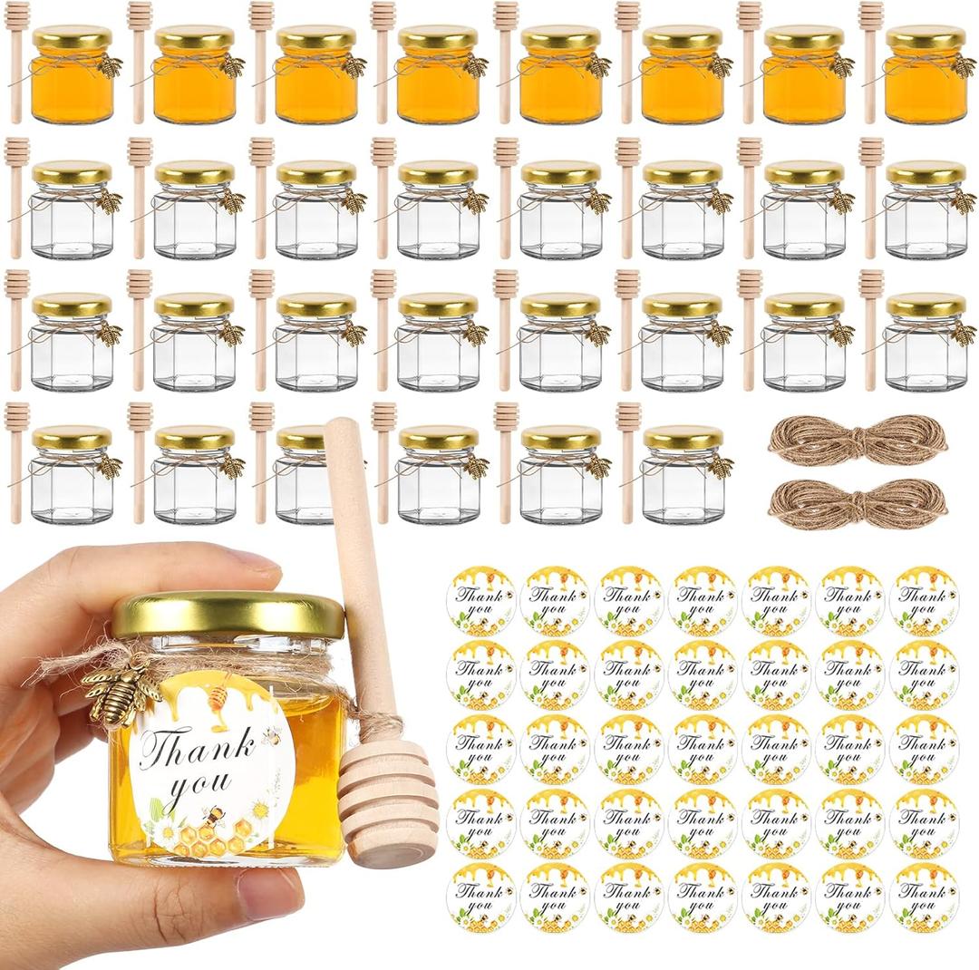 AuroTrends 1.5oz Mini Honey Jars with Dipper 30Pack, Glass Jars for Baby Shower Favors/Wedding Favors for Guests Bulk-Mini Canning Jars with Wooden Dippers/Bee Charms (1.5 fl.oz-30Pack)