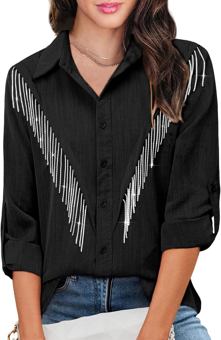 Daacee Womens Sparkle Fringe Tops Rhinestone Tassel Button Down Rolled Long Sleeve Shirts Western Cowgirl Concert Outfits (Medium, Black)