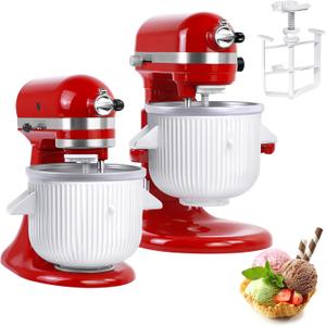 Ice Cream Maker Attachment for KitchenAid Mixers, Fits KitchenAid 4.5/5QT & 6QT Stand Mixers, Frozen Ice Cream & Sorbet Gelato Maker for KitchenAid, 2 Quart, White(Machine/Mixer Not Included)