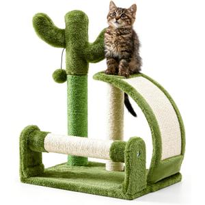 Made4Pets Cat Scratching Post, Cactus Scratcher Tree for Indoor Small Cats, Adult Kitten Scratch Pad with Natural Sisal Ropes, Cute Kitty Nail File Vertical Scratcher with Green Carpet Cover