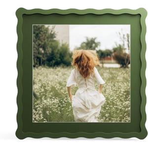 12x12 Picture Frame with Mat for 10x10, Wavy Edge Wooden Real Glass Photo Frame for Wall Hanging, Green, 1 Pack