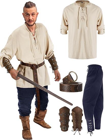 Jiuguva 4 Pcs Halloween Men's Renaissance Costume Set Medieval Pirate Shirt Ankle Banded Pants Viking Belt Accessories
(XX-Large)