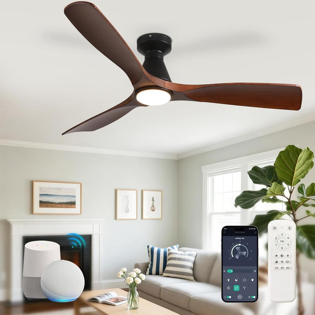 Depuley Ceiling Fans with Lights: 52-inch Smart Fan Flush Mount, Walnut
